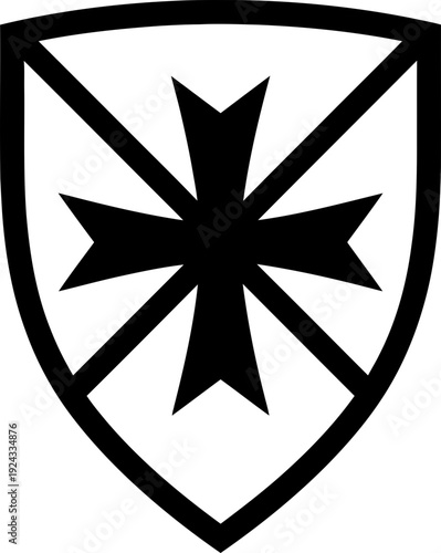 Black cross symbol inside shield icon with diagonal line through it. Concept of ban, block, reject, prohibition. Simple minimalist flat vector graphic for app interface and web design