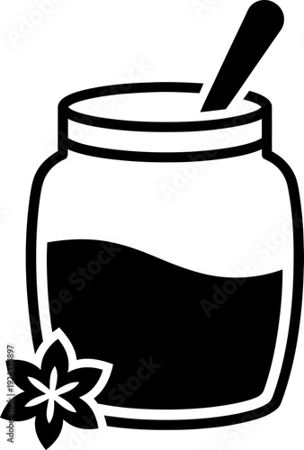 Jar with jam and spoon, a spice on side. Food condiment, sweet dessert ingredient concept vector icon for kitchen, menu