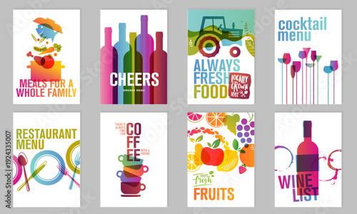 8 Food and Beverage Menu Templates Restaurant, Cafe and Wine List Designs with Overlapping Transparency and Vibrant Gradients