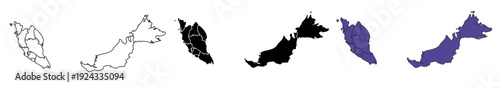 Set of vector maps of Malaysia with prefecture boundaries in three styles.