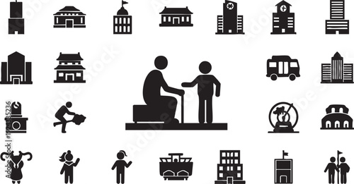 Black and white of people and buildings silhouettes city