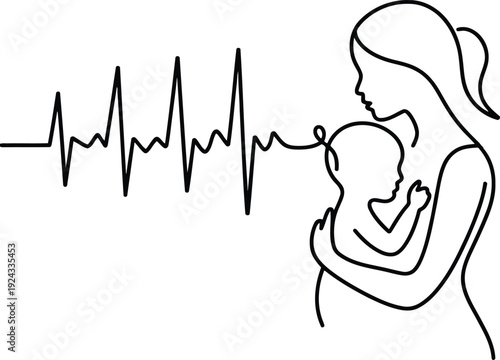Mother holding baby with heartbeat line symbolizing life love and maternal connection abstract art