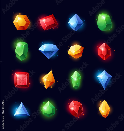 Gemstone. Vector set of gem crystals, colorful bright diamonds, jewelry, and mineral stones. Sapphire and amethyst, magic neon glowing emerald, diamond quartz. Mineral stone for game, ui design or web