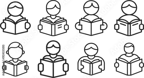 Eight people reading books in simple line art style