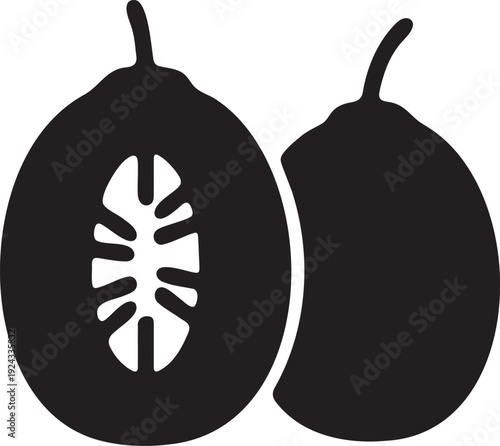 Black silhouette of a passion fruit, one whole and one halved to reveal seeds
