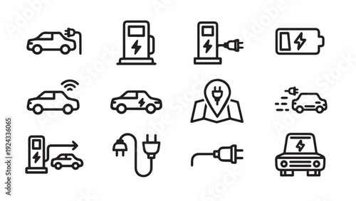 Electric Vehicle Charging Icons Set: Cars Stations Plugs Battery Map PinStock Icons