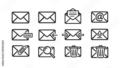 Email Icons Set: Envelopes Send Search Attachments Trash Upload At SymbolVector Graphics