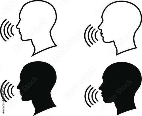 Silhouette and outline human heads communicating with sound waves