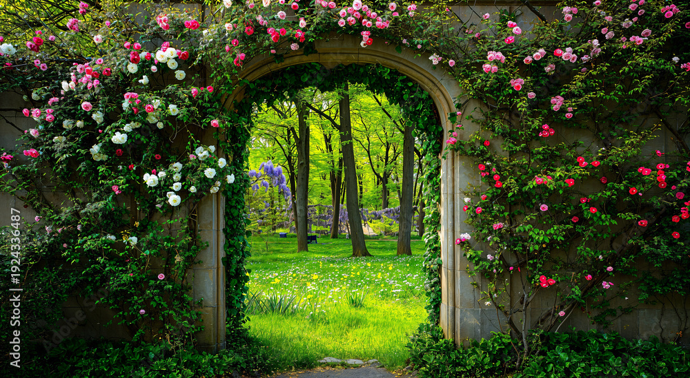 Obraz premium Beautiful secret garden gate leading to a vibrant forest full of blooming flowers