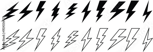 Collection of black lightning bolt icons in various styles and orientations