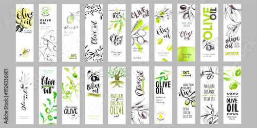 20 Olive Oil Label Templates Elegant Bottle Packaging with Olive Branches, Hand Drawn Sketches and Modern Typography in Olive Green and Lemon Yellow