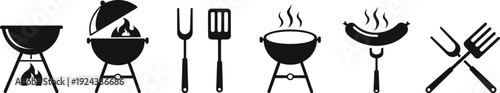 Black and white icons of barbecue tools and grill accessories