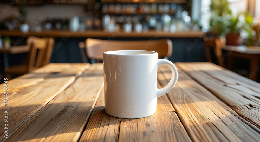 Fototapeta premium Empty white ceramic mug on wooden table in sunlit cafe interior with soft light