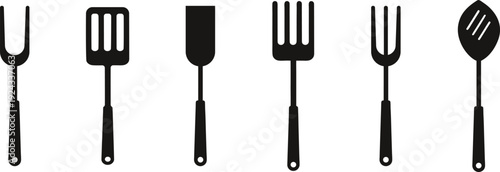Silhouette of six barbecue utensils on a white background