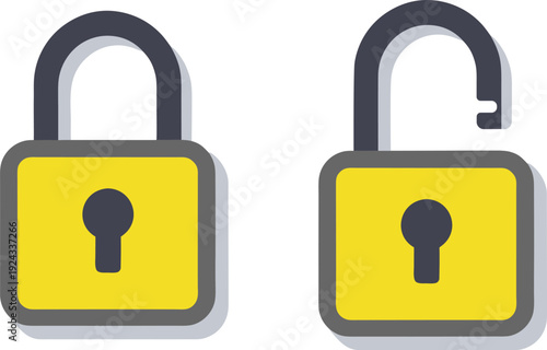 Two open and closed combination locks with yellow and black design