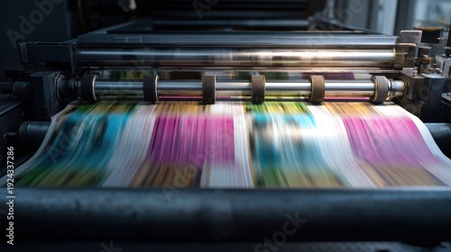 Printing Press in Motion: A high-angle perspective showcases the inner workings of a commercial printing press in full operation, rolling out vibrant pages with precision and speed.