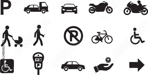 Black and white parking and transportation signs symbols