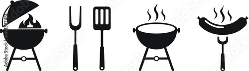 Black silhouettes of barbecue grills and utensils on white background