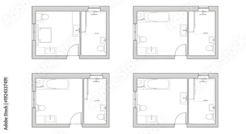 Bathroom Layout Plan Vector Set – Technical Architectural Top View Designs with Walk-In Showers