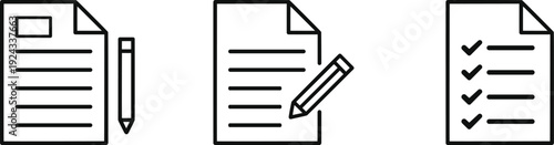 Three documents with checklist and pencil icons for editing and approval