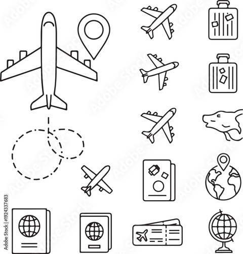 Airplane route concept design. Aircraft icons with map pointer pins showing flight starting point and travel destination vector graphic