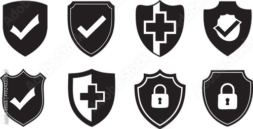 Black and white shield with checkmarks and locks