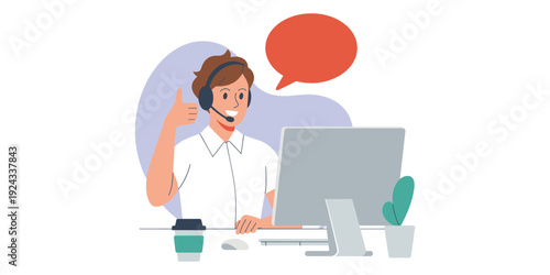 Customer service agent with headset and computer vector