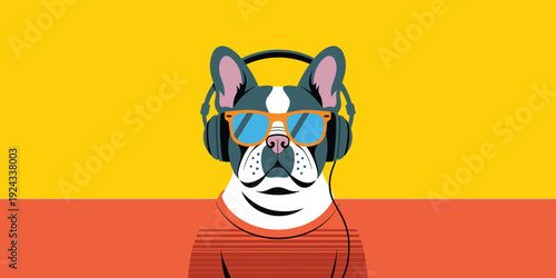 French Bulldog Wearing Headphones And Sunglasses illustration