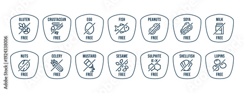 Isolated Vector Logo Set Free Certification Badge Ingredient Warning Label. Allergens icons. Food Intolerance. The 14 allergens required to declare written in english