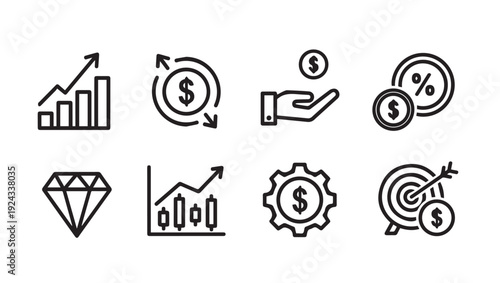 Financial Growth Icons Set: Investment Savings Profit Diamond Target Stock Market Percent