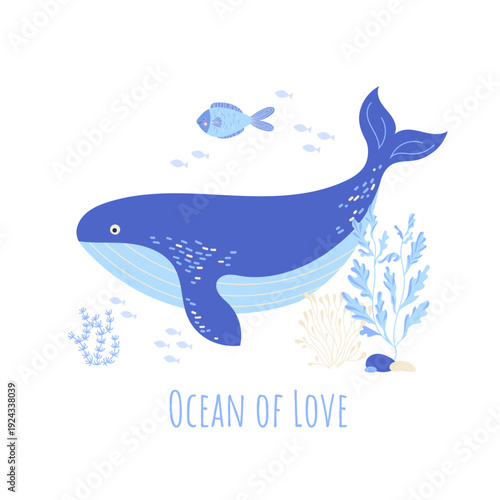 Hand drawn cute cartoon blue whale with small fish and sea plants. Soft pastel tones and friendly expression create calm ocean mood. Vector nursery illustration isolated for kids decor, baby prints