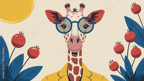 Giraffe wearing glasses and a jacket in a garden cartoon