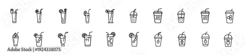 Cocktail and smoothie line icon set with tropical juice glass, iced fruit shake, strawberry beverage cup, summer refreshment straw, cold drink garnish more vector illustration editable.
