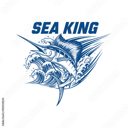 A blue illustration of a marlin fish with the words Sea King fishing tshirt design