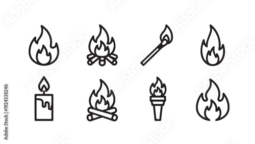 Fire Icons Set: Flame Bonfire Candle Match Torch Campfire