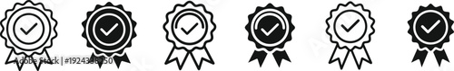 Set of six black checkmark rosette ribbons for awards and recognition