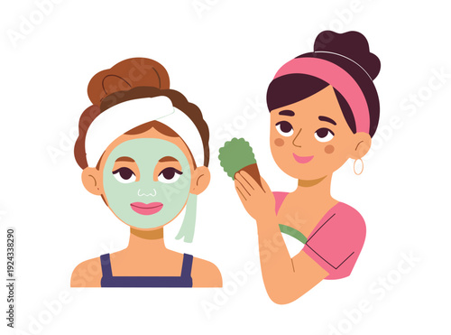 Two Women Applying Face Masks for Skincare illustration