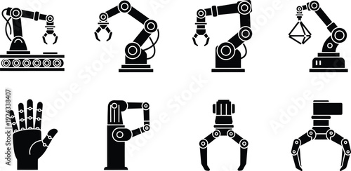 Robotics and industrial icon set mechanical arms and hands