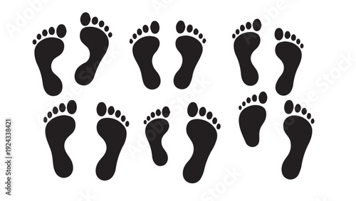Footprints Set Different Sizes Black on White Background Stock Graphic