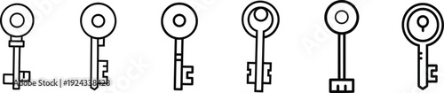 Five different skeleton keys in a row on white background