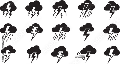 Black and white weather of clouds with lightning bolts and rain weather storm symbols rain clouds