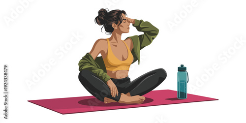 Woman Meditating on Yoga Mat with Water Bottle female