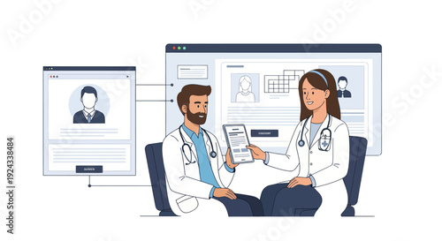 Female dermatologist analyzing skin condition on digital tablet with medical report on screen.