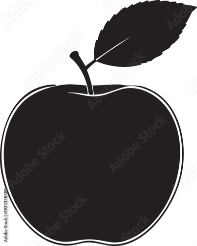 Black apple silhouette with white outline and leaf