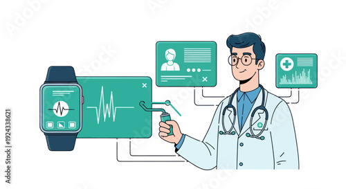 Female dermatologist analyzing skin condition on digital tablet with medical report on screen.