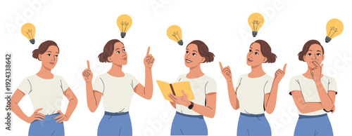 Woman with lightbulb ideas in five poses thinking inspiration