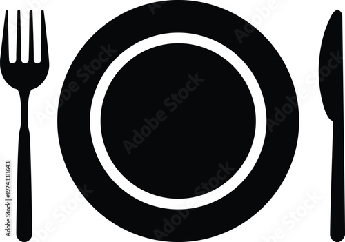 Black silhouette of plate with fork and knife on white background