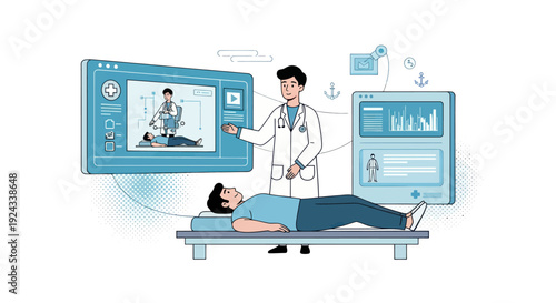 Female dermatologist analyzing skin condition on digital tablet with medical report on screen.