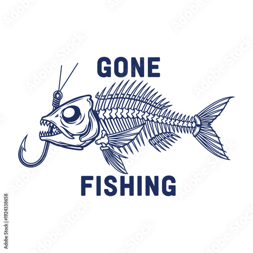 A blue illustration of a fish skeleton with a hook fishing tshirt design