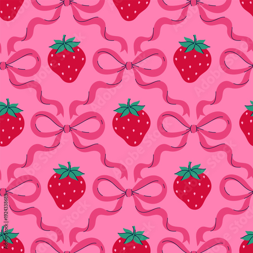 Seamless pattern with strawberries and bows on a pink background. Vector graphics.